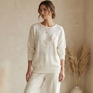 Vintage Pearl Embellished Knit Sweater Size Large White Olsen